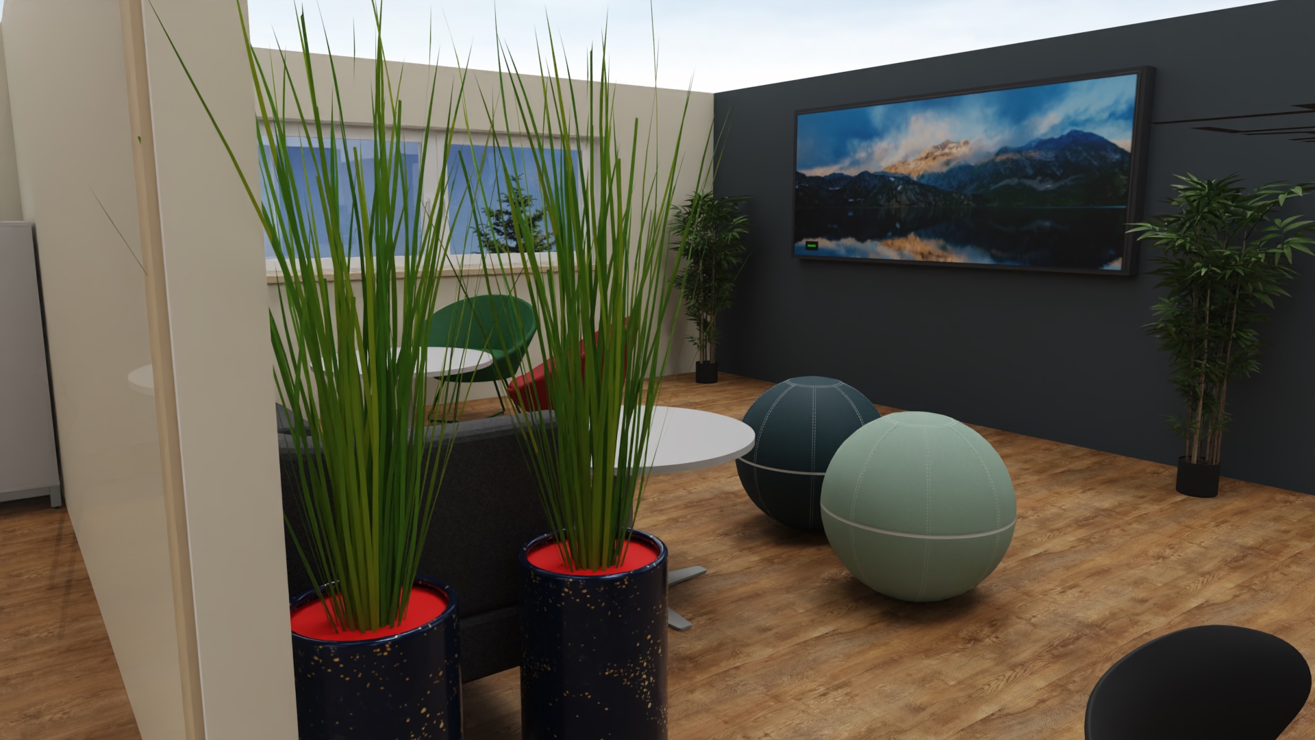 3D visualisering av en sosial sone med sitteplasser og planter. To av sitteplassene er sitteballer.